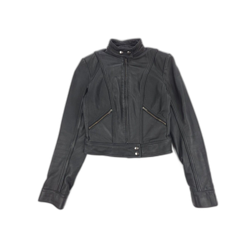 BCBG 100% Genuine Leather Cropped Moto Biker Jacket Minimal 90s Rock Edgy Grunge